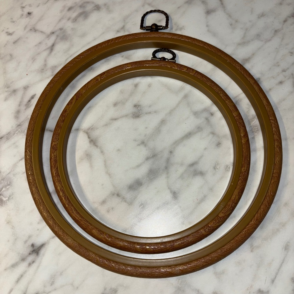 Vintage Faux Wood Embroidery Hoops Set of 2 Brown Round Flexi Display Frames